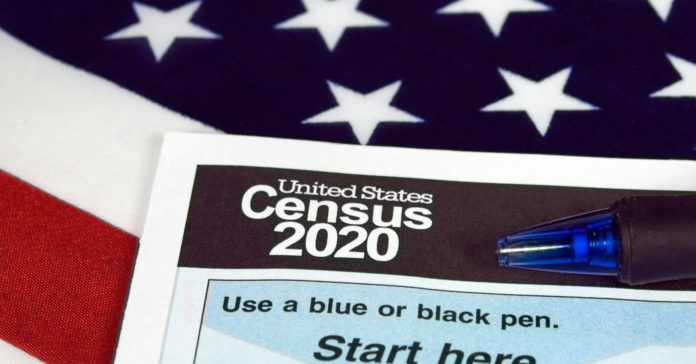 census document form and ball point ink pen on American flag for 2020