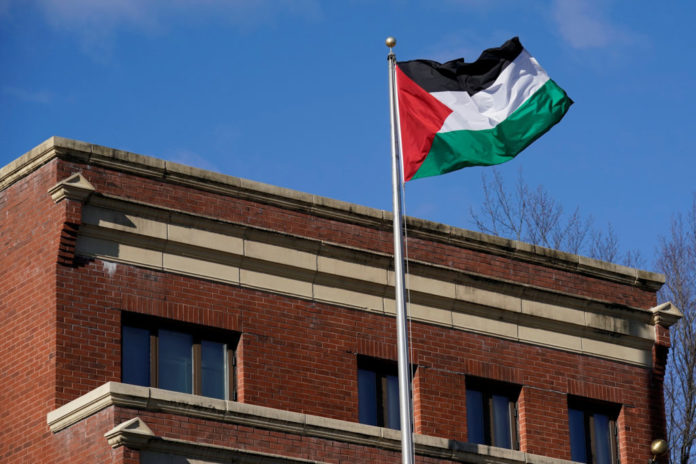 Palestinian flag waves at Palestine Liberation Organization office in Washington