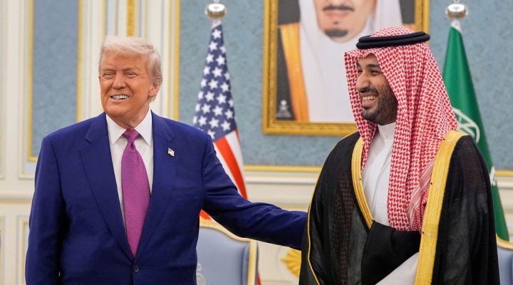 FILE - President Donald Trump and Saudi Crown Prince Mohammed bin Salman meet at the Royal Palace in Riyadh, Saudi Arabia, May 13, 2025. (AP Photo/Alex Brandon, File)