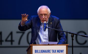 Sen. Bernie Sanders, I-Vt., speaks at a campaign event for a proposed "billionaires tax," in Los Angeles, Wednesday, Feb. 18, 2026. (AP Photo/Jae C. Hong)