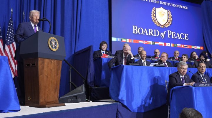 President Donald Trump speaks during a Board of Peace meeting at the U.S. Institute of Peace, Thursday, Feb. 19, 2026, in Washington. (AP Photo/Mark Schiefelbein)