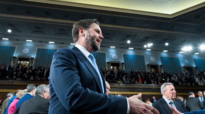 Vice President JD Vance arrives before President Donald Trump delivers the State of the Union address to a joint session of Congress in the House chamber at the U.S. Capitol in Washington, Tuesday, Feb. 24, 2026. (Kenny Holston/The New York Times via AP, Pool)