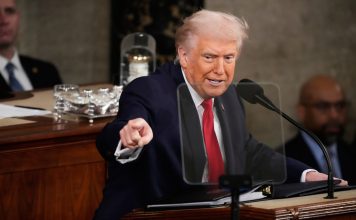 President Donald Trump delivers his State of the Union address to a joint session of Congress in the House chamber at the U.S. Capitol in Washington, Tuesday, Feb. 24, 2026. (AP Photo/Alex Brandon)