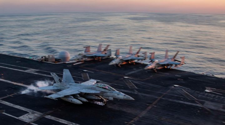 This image provided by U.S. Central Command shows a F/A-18F Super Hornet preparing to make an arrested landing on the USS Abraham Lincoln (CVN 72)) in support of Operation Epic Fury, on Saturday, Feb. 28, 2026. (U.S. Navy via AP)