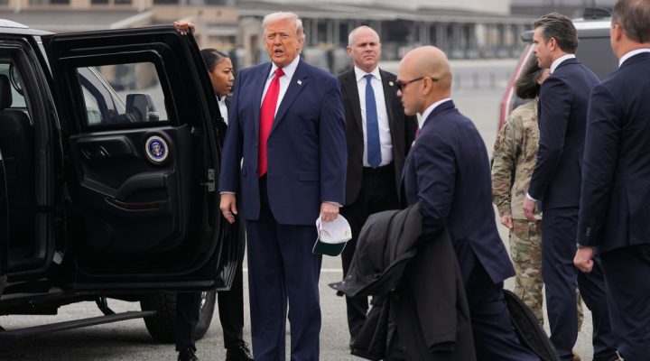 President Donald Trump arrives at Dover Air Force Base, Del., on Saturday, March 7, 2026. (AP Photo/Mark Schiefelbein)
