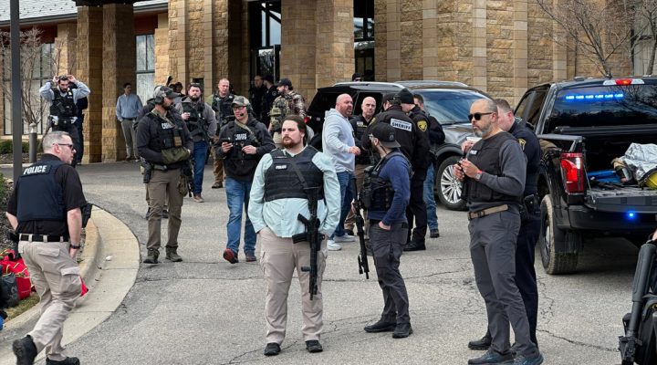 Law enforcement respond to a call at Temple Israel synagogue, Thursday, March 12, 2026 in West Bloomfield Township, Mich. (AP Photo/Corey Williams)