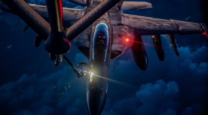 CENTCOM releases remarkable images of A U.S. Air Force KC-135 Stratotanker refuels a U.S. Navy F/A-18F Super Hornet over the middle east during Operation Epic Fury.