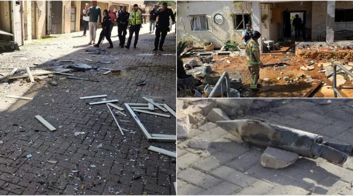 Damage to Petach Tikva home from Iranian cluster bomb shrapnel. Photo: MDA (Left); Unexploded cluster bomb found in Elad.  Photo: Elad Municipality (Top right); Home in the Galil struck by a Hezbollah rocket. Photo: Fire and Rescue Services. (Bottom right).