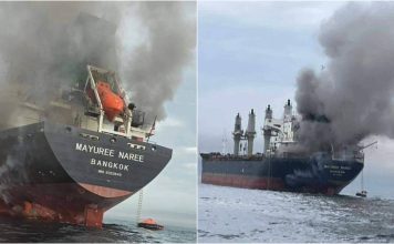 Images released by the Royal Thai Navy shows Thai cargo ship, Mayuree Naree, that was struck and set ablaze in the Strait of Hormuz Wednesday, March 11, 2026. (Royal Thai Navy via AP)