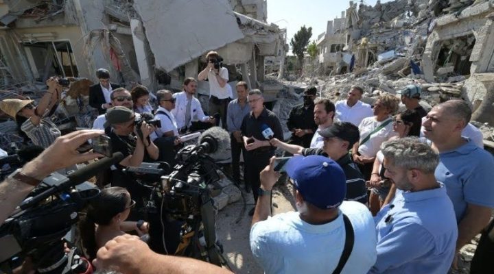 Foreign Minister Gideon Sa'ar speaks to reporters at the site of a deadly Iranian missile strike in Bat Yam in June 2025.. (Shlomi Amsalem/GPO)