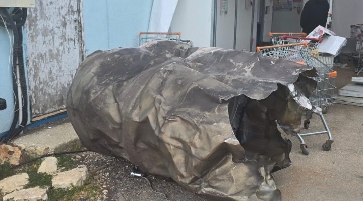 An Iranian missile fragment that crashed next to a makolet on a yishuv in Binyamin last week. Photo: Binyamin spokesperson
